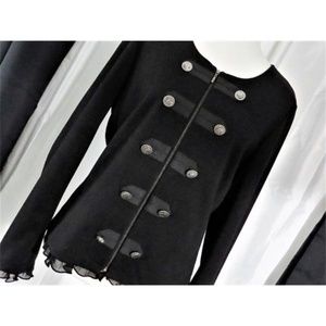 Black Collarless Blazer Top Full-Zip Front